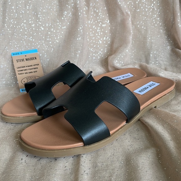 Brand New Steve Madden Genuine Leather H-Band Black Comfortable Slides Sandals - Picture 6 of 11